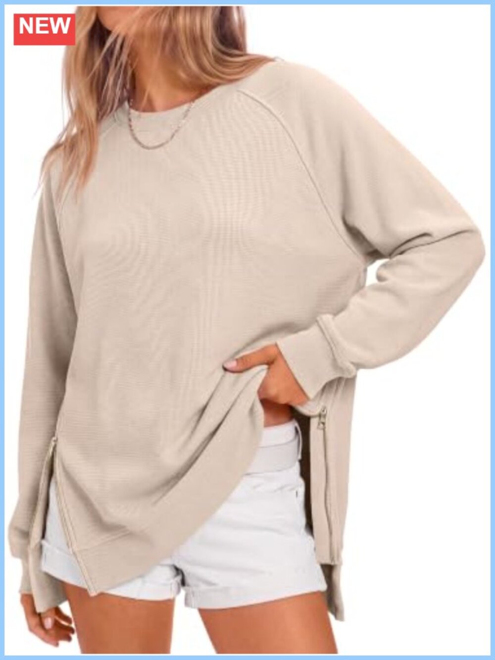 Oversized Crewneck Tunic Sweatshirt Side Zip Long Sleeve Relaxed Fit